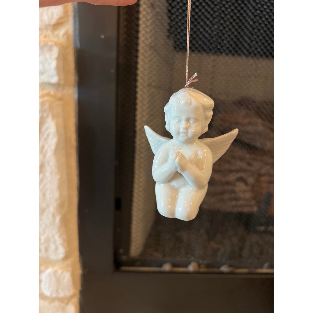 White Porcelain Praying Angel Cherub Hanging Christmas Ornament Glossy Glaze